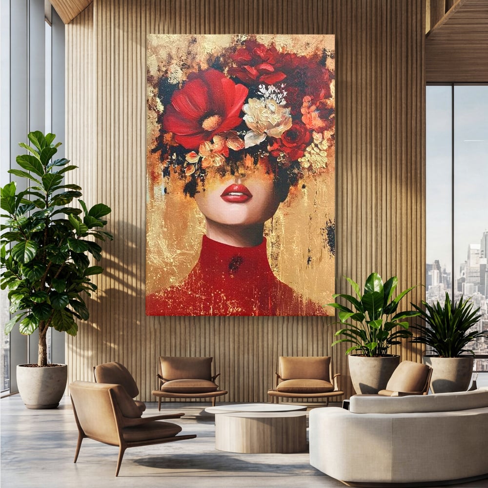 Tablou canvas cu tablou canvas cu portret de femeie si flori rosii, fara rama, pe sasiu de lemn, pe perete intr-un birou